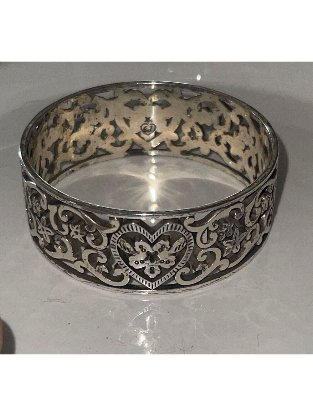Vintage Brighton Silver-Plated Heart and Floral Pattern Cuff Bracelet/Bangle